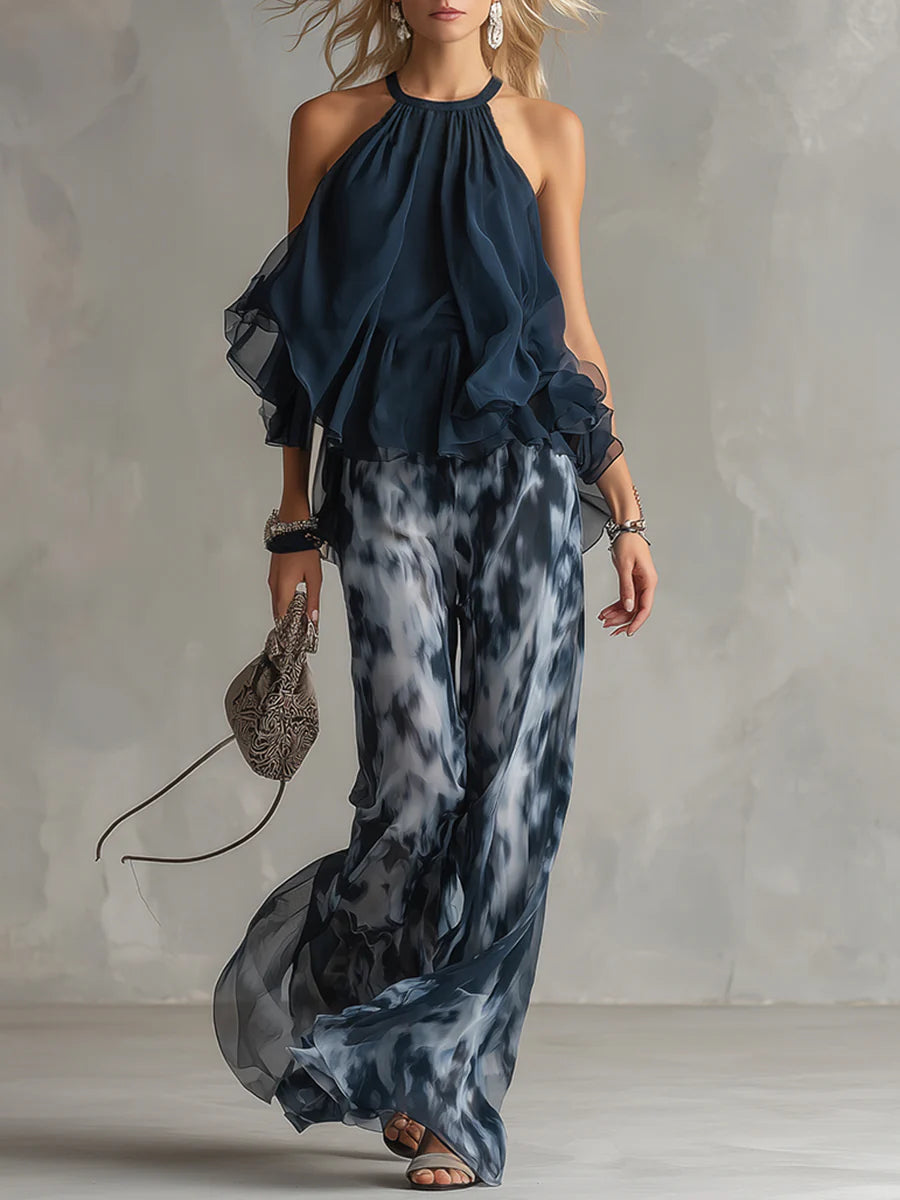 Imani | Set mit Halterneck-Chiffontop und gemusterter weiter Hose