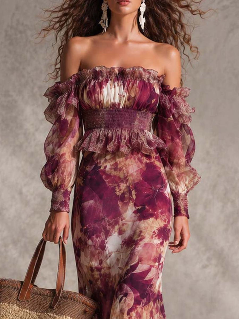 Rosa Off-Shoulder-Chiffon-Maxikleid mit Blumenmuster