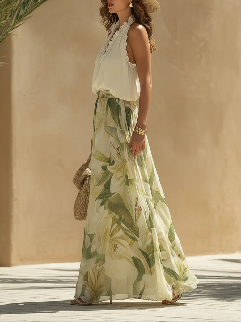 Urlaubs-Set mit ärmellosem Volant-Chiffontop und Hose mit Lilienmuster