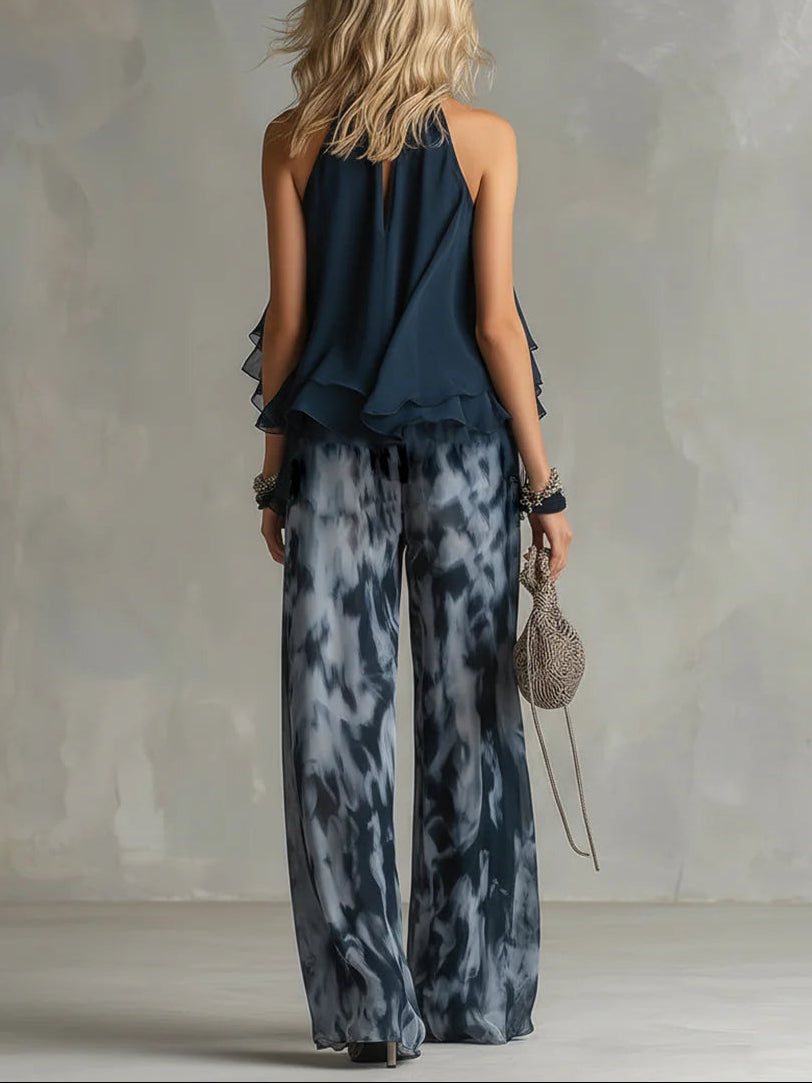 Imani | Set mit Halterneck-Chiffontop und gemusterter weiter Hose
