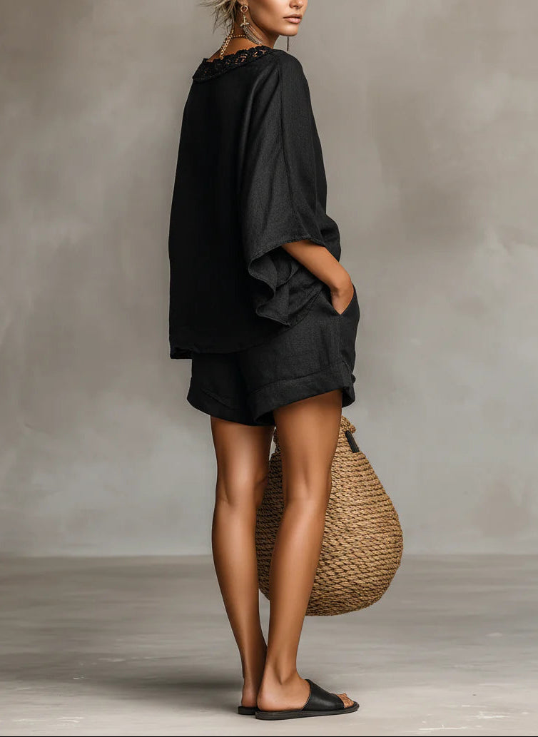 Harper | Set mit Spitzenbluse mit U-Boot-Ausschnitt und Shorts