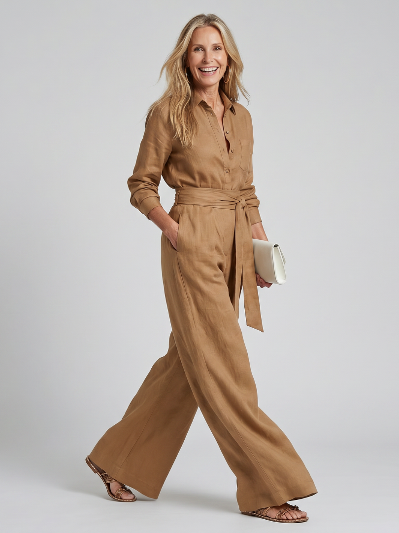 Jovie | Långärmad knäppning framtill jumpsuit med vida ben
