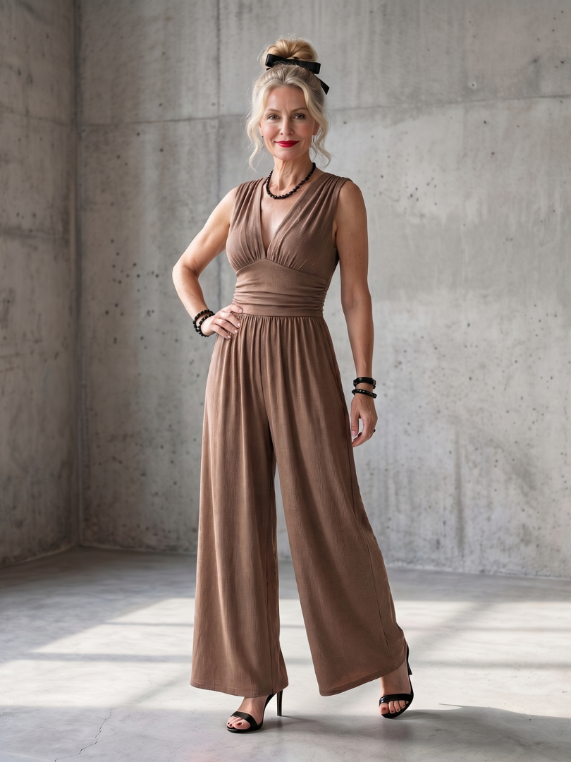 Vincenza | Djup v-ringning midjemarkering jumpsuit med vida ben