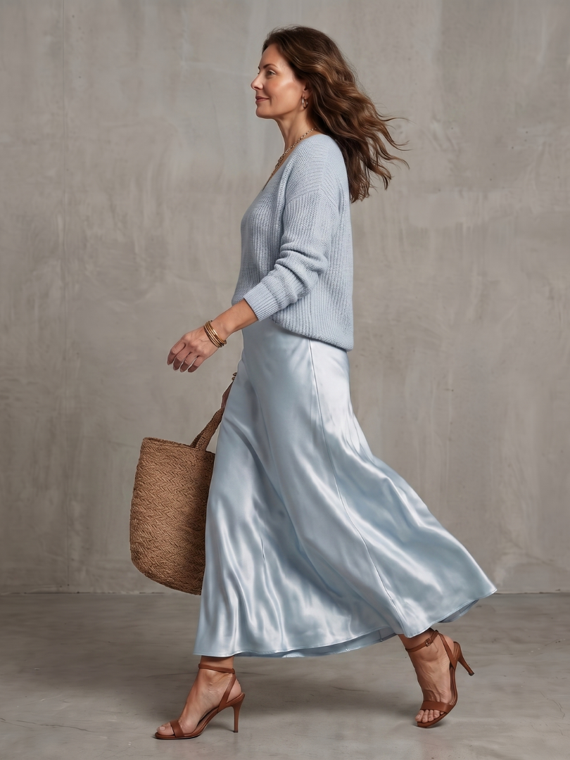 Luciana | Snedskuren satinkjol stickat lager set