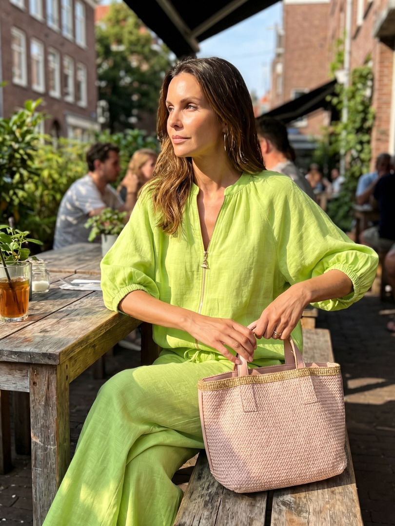 Natalia | Dragkedja framtill blusig topp set med vida ben