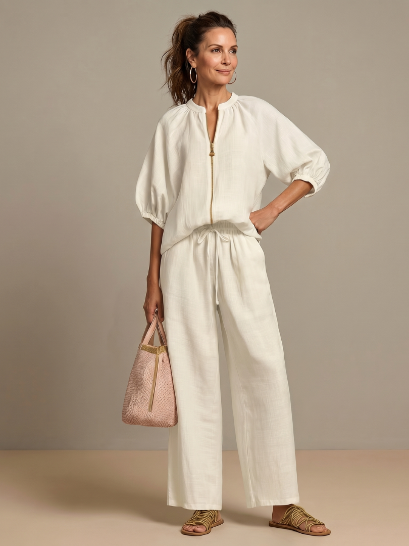 Natalia | Dragkedja framtill blusig topp set med vida ben