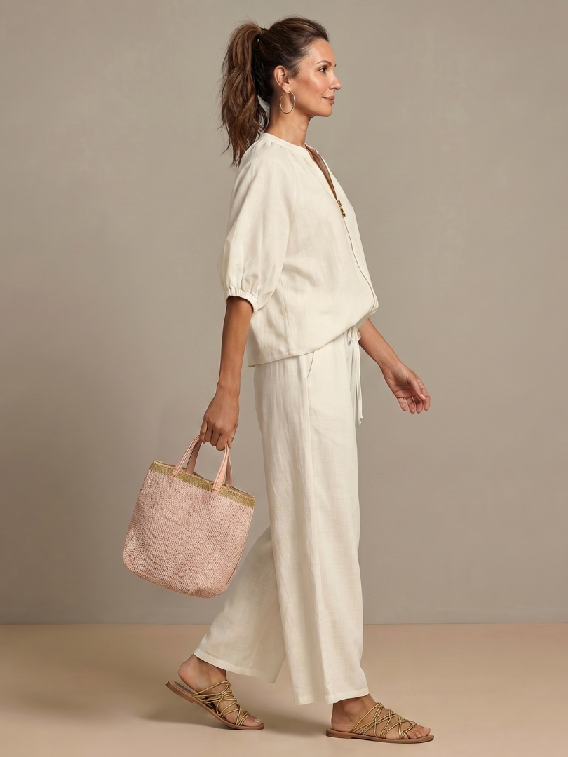 Natalia | Dragkedja framtill blusig topp set med vida ben