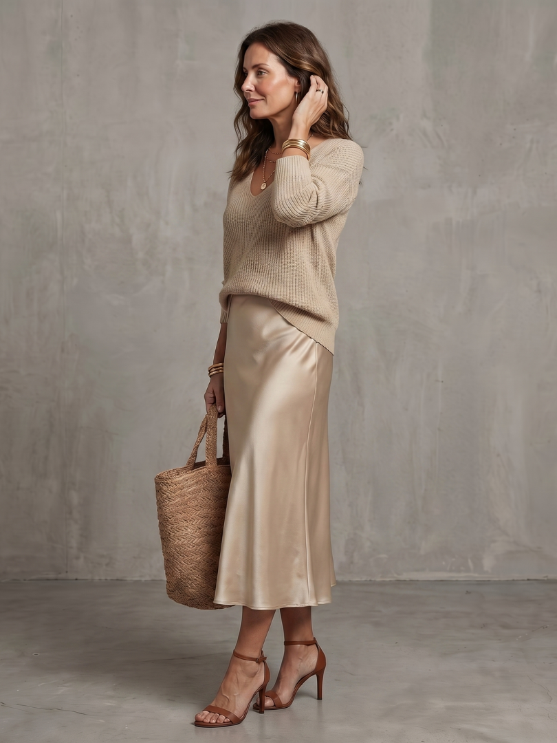 Luciana | Snedskuren satinkjol stickat lager set
