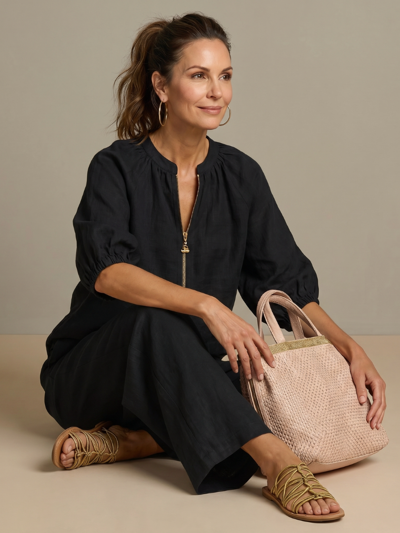 Natalia | Dragkedja framtill blusig topp set med vida ben