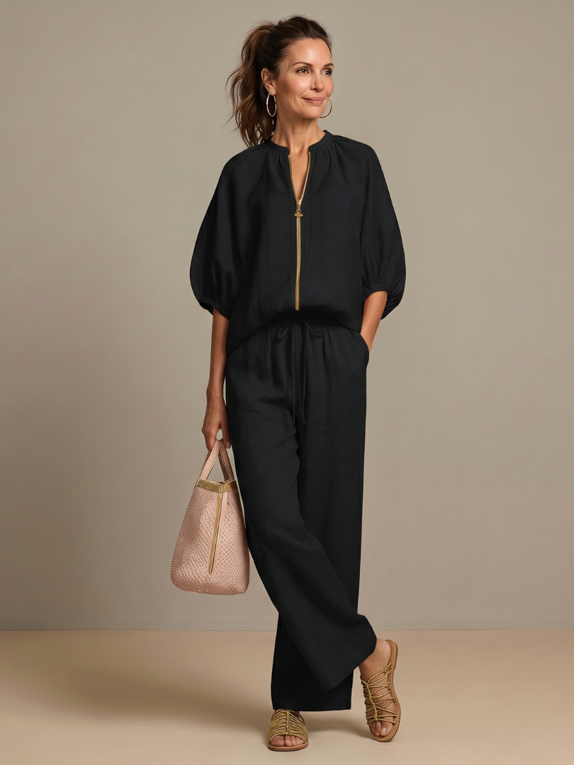 Natalia | Dragkedja framtill blusig topp set med vida ben