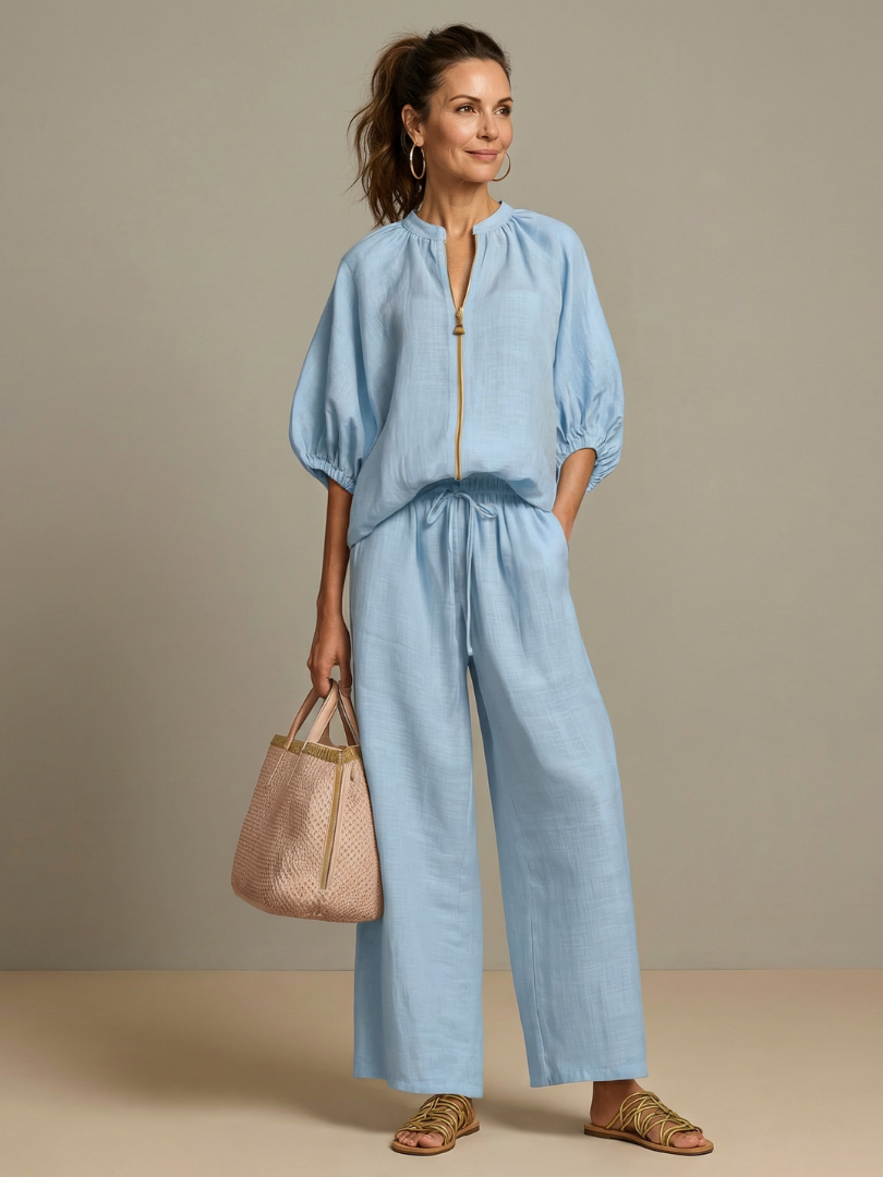 Natalia | Dragkedja framtill blusig topp set med vida ben