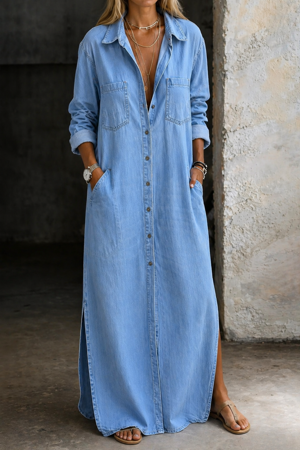 Delana denim-klänning med knäppning – vy 10