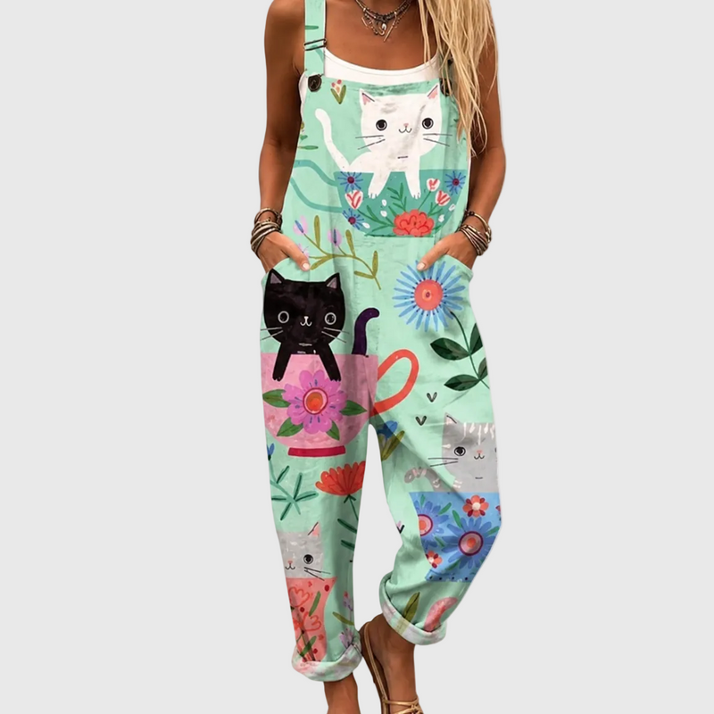 Weicher Jumpsuit mit Katzen und Blumen