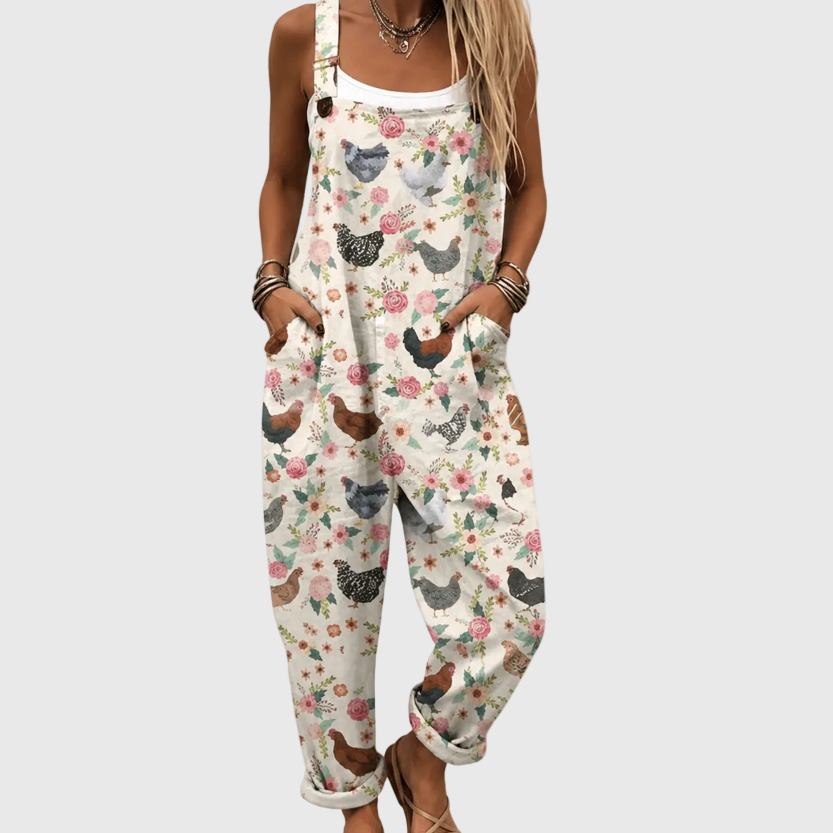Weicher Vintage-Jumpsuit mit Hühnern und Blumen
