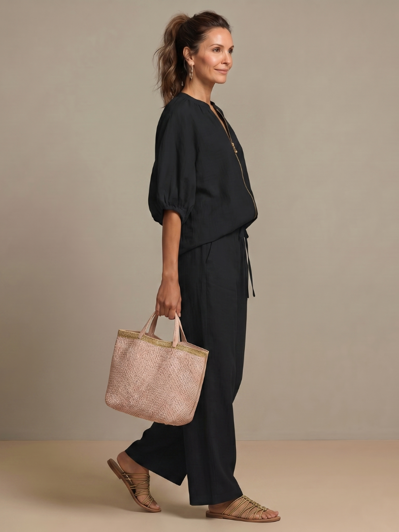 Natalia | Dragkedja framtill blusig topp set med vida ben