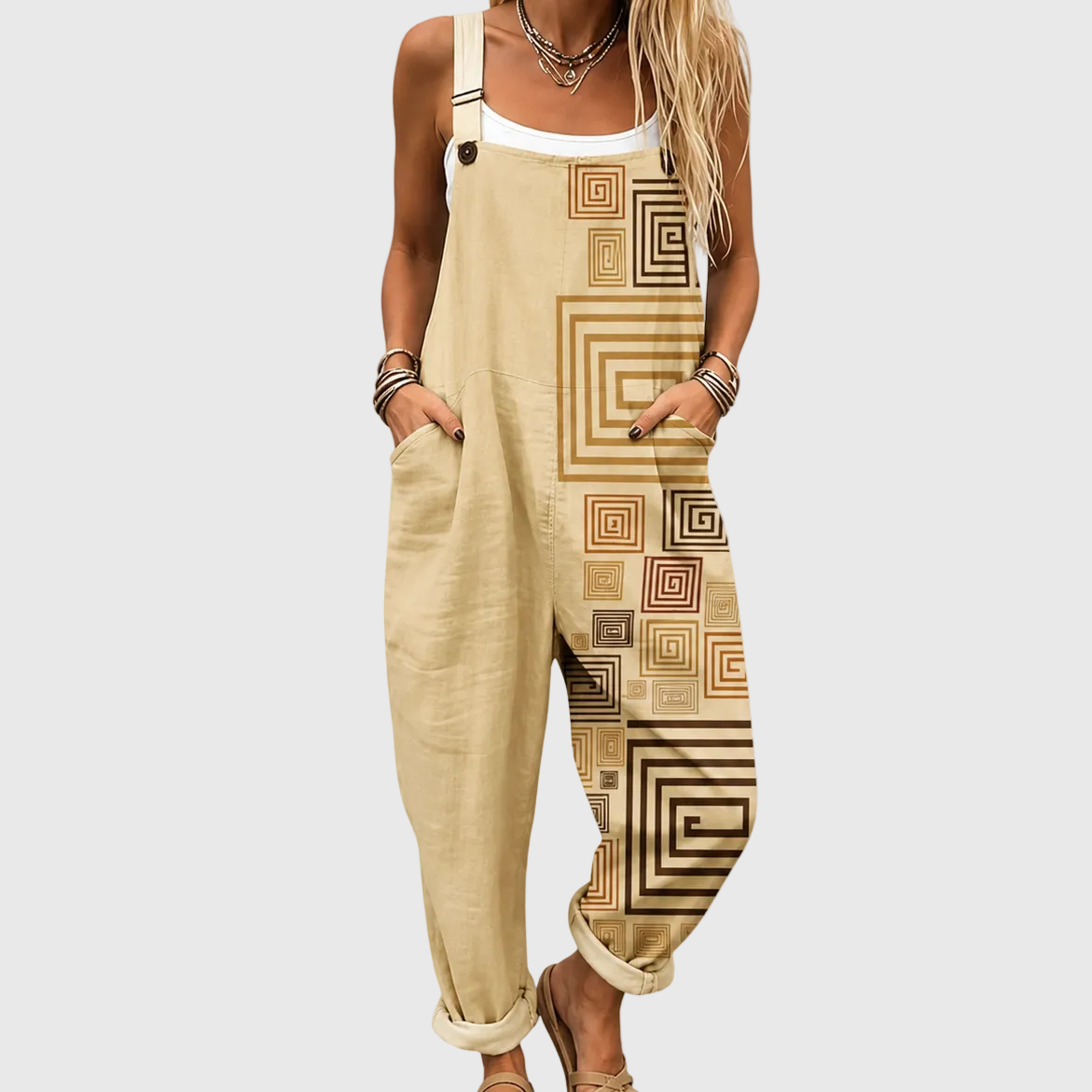 Beiger Jumpsuit mit geometrischem Muster