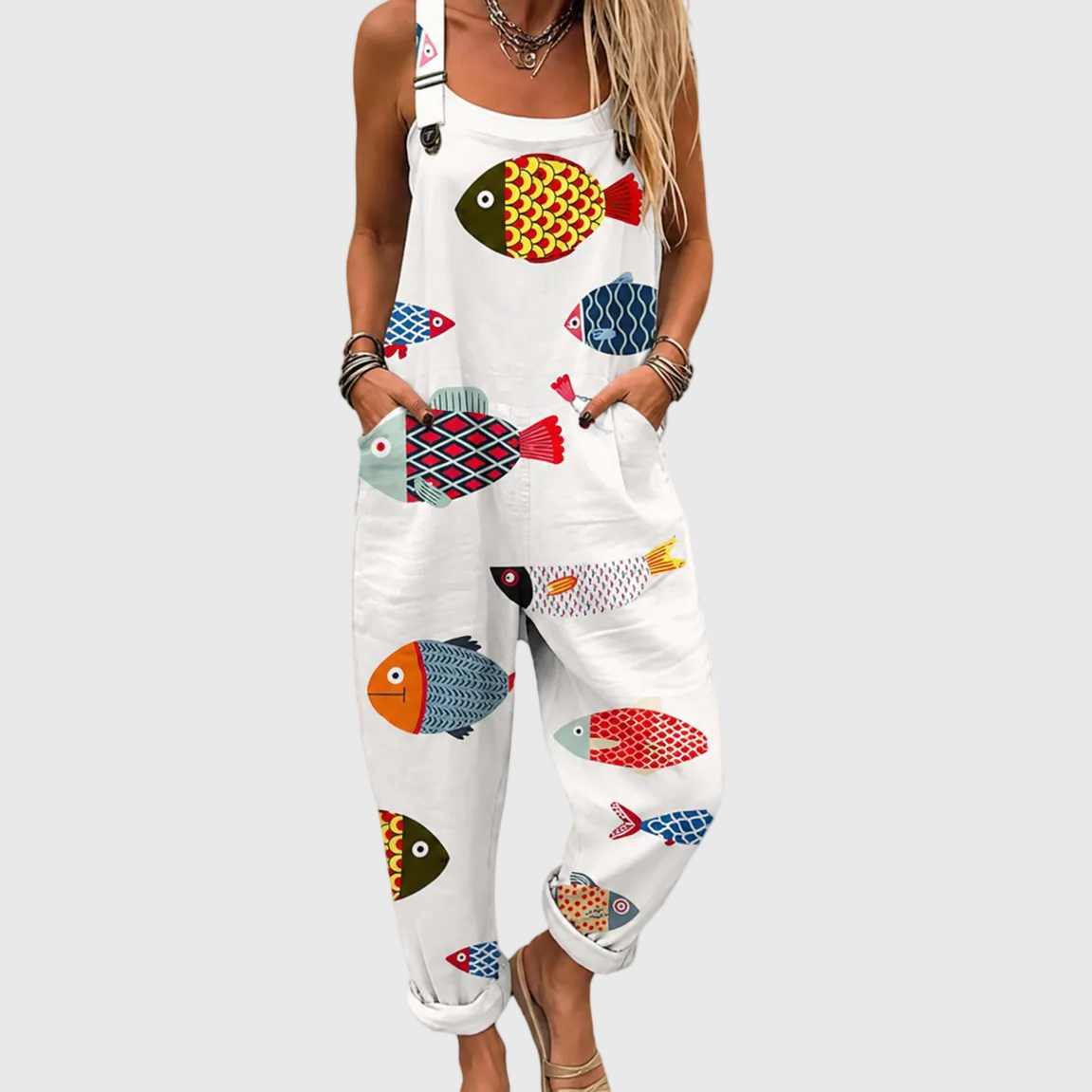 Weicher Jumpsuit mit buntem Fischmuster