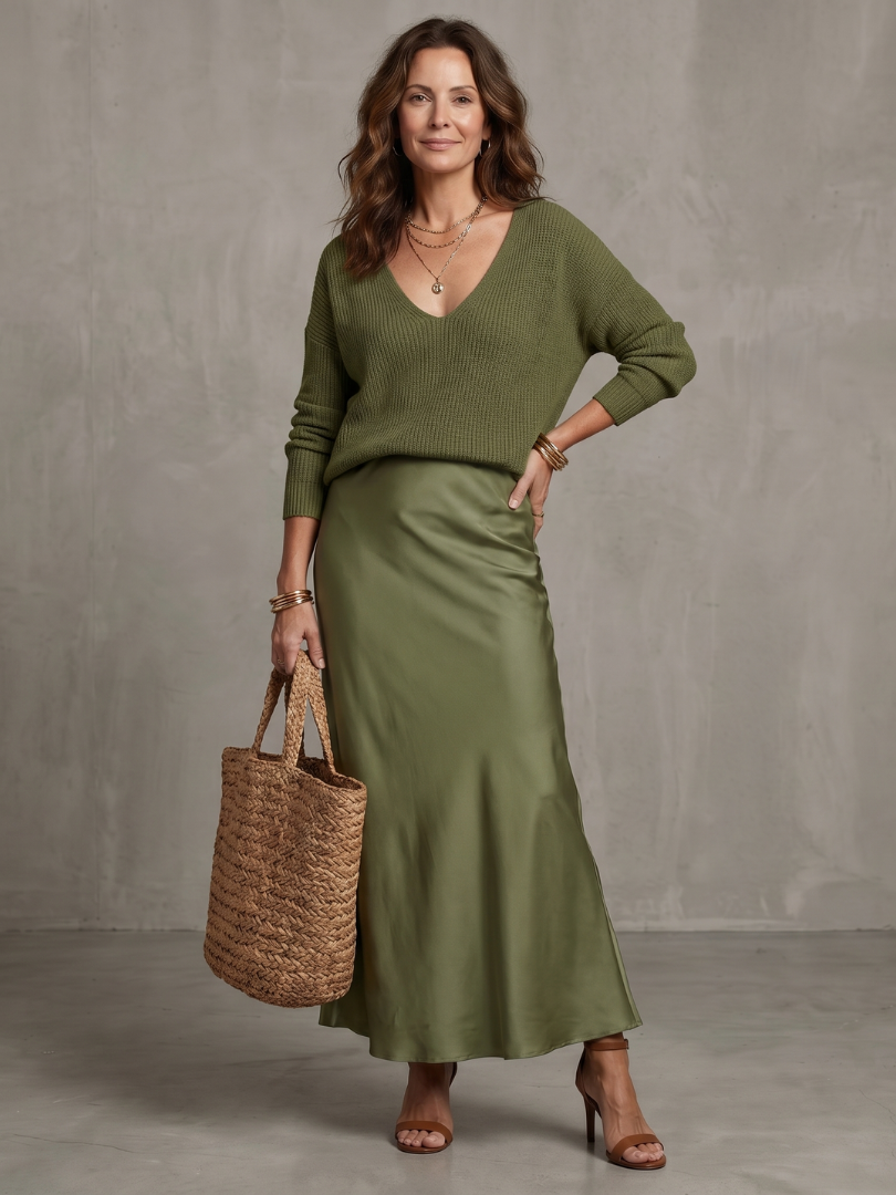 Luciana | Snedskuren satinkjol stickat lager set