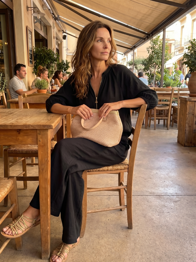 Natalia | Dragkedja framtill blusig topp set med vida ben