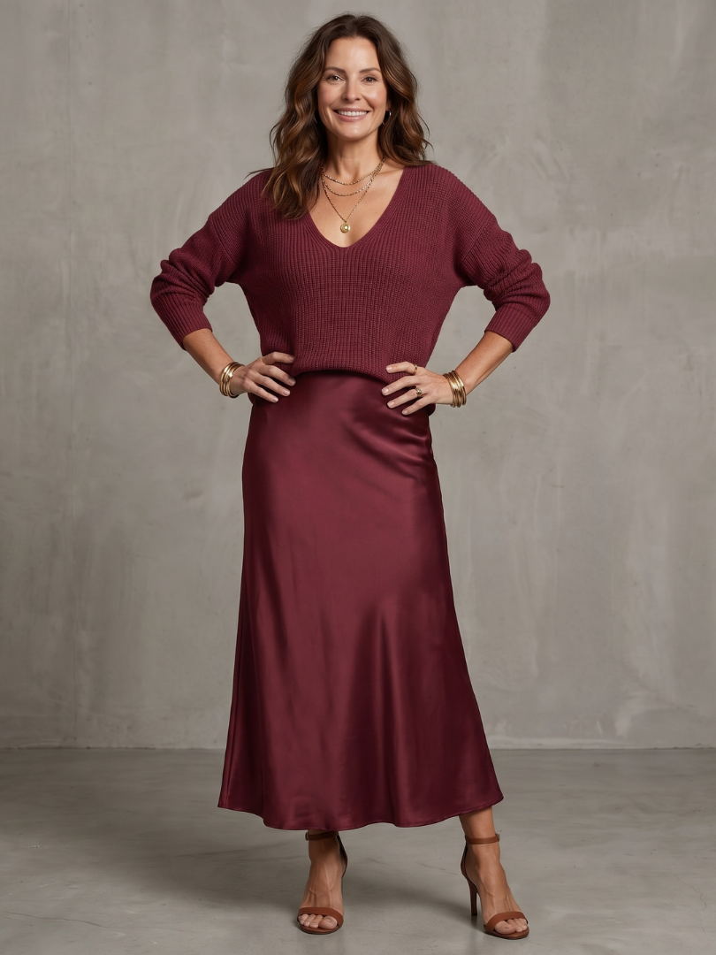 Luciana | Snedskuren satinkjol stickat lager set