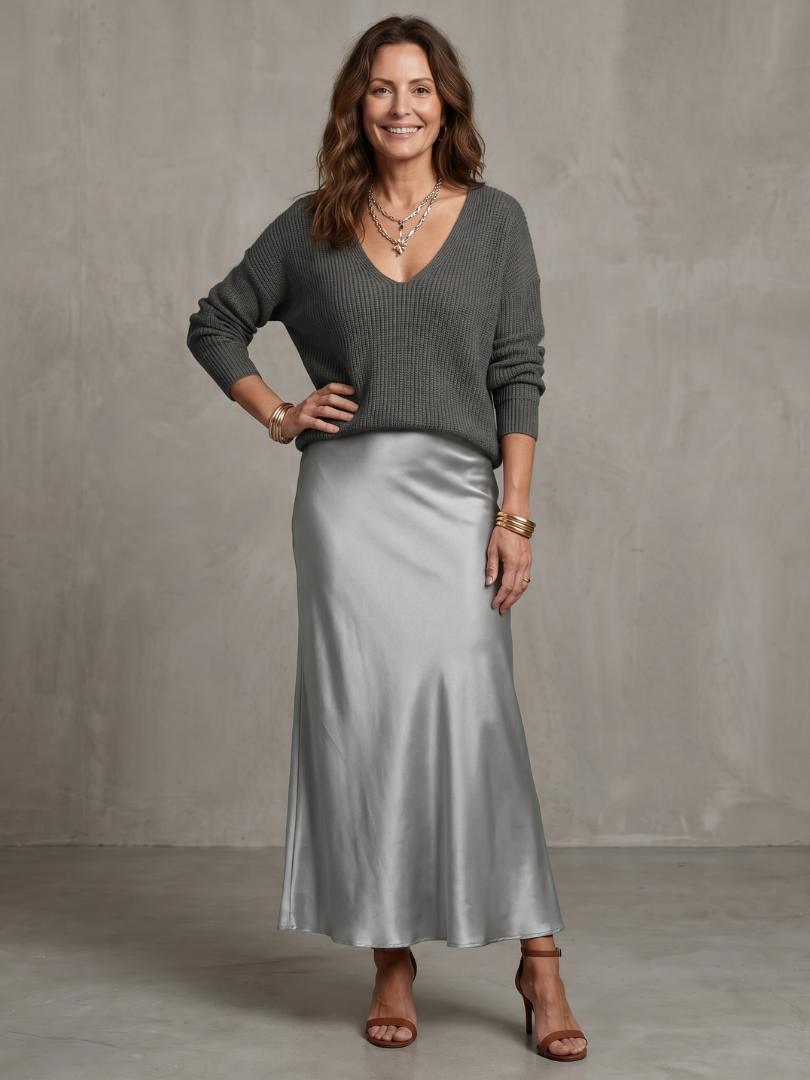 Luciana | Snedskuren satinkjol stickat lager set