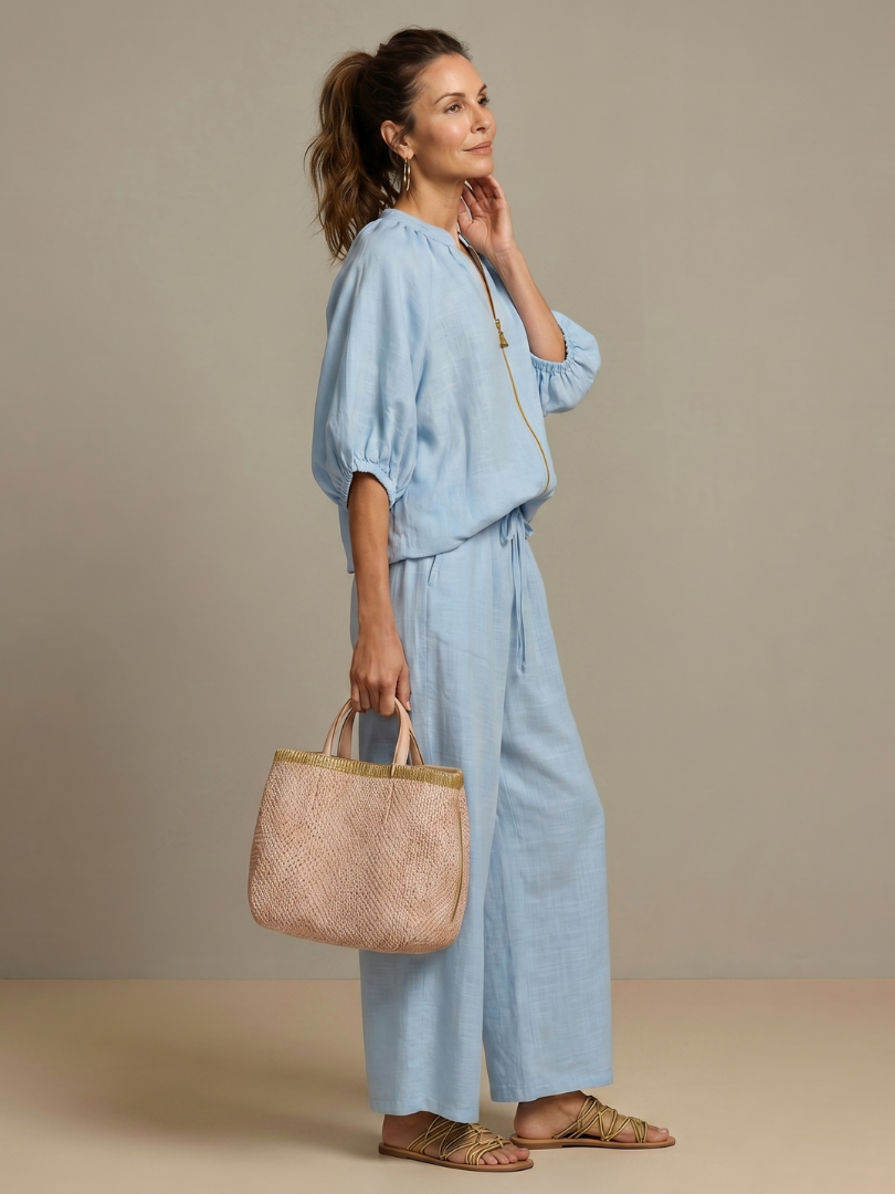 Natalia | Dragkedja framtill blusig topp set med vida ben