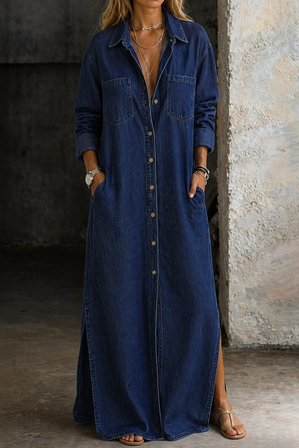 Delana denim-klänning med knäppning – vy 4
