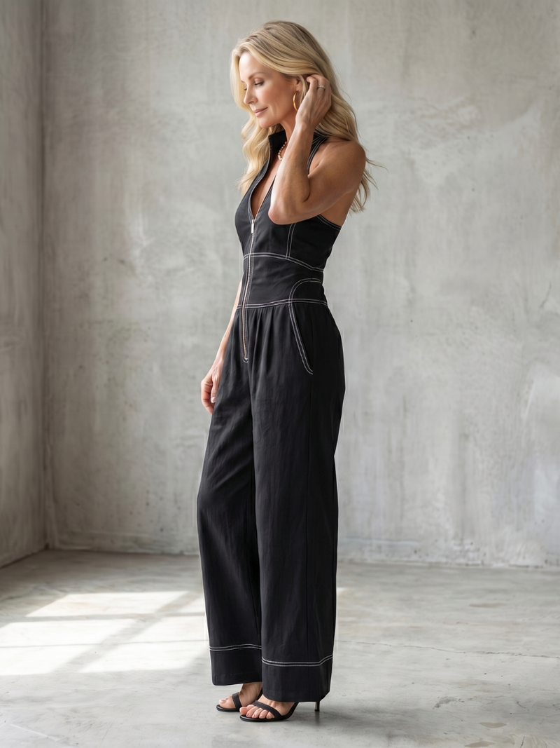 Dara | Dragkedja framtill kontrastsöm jumpsuit med vida ben