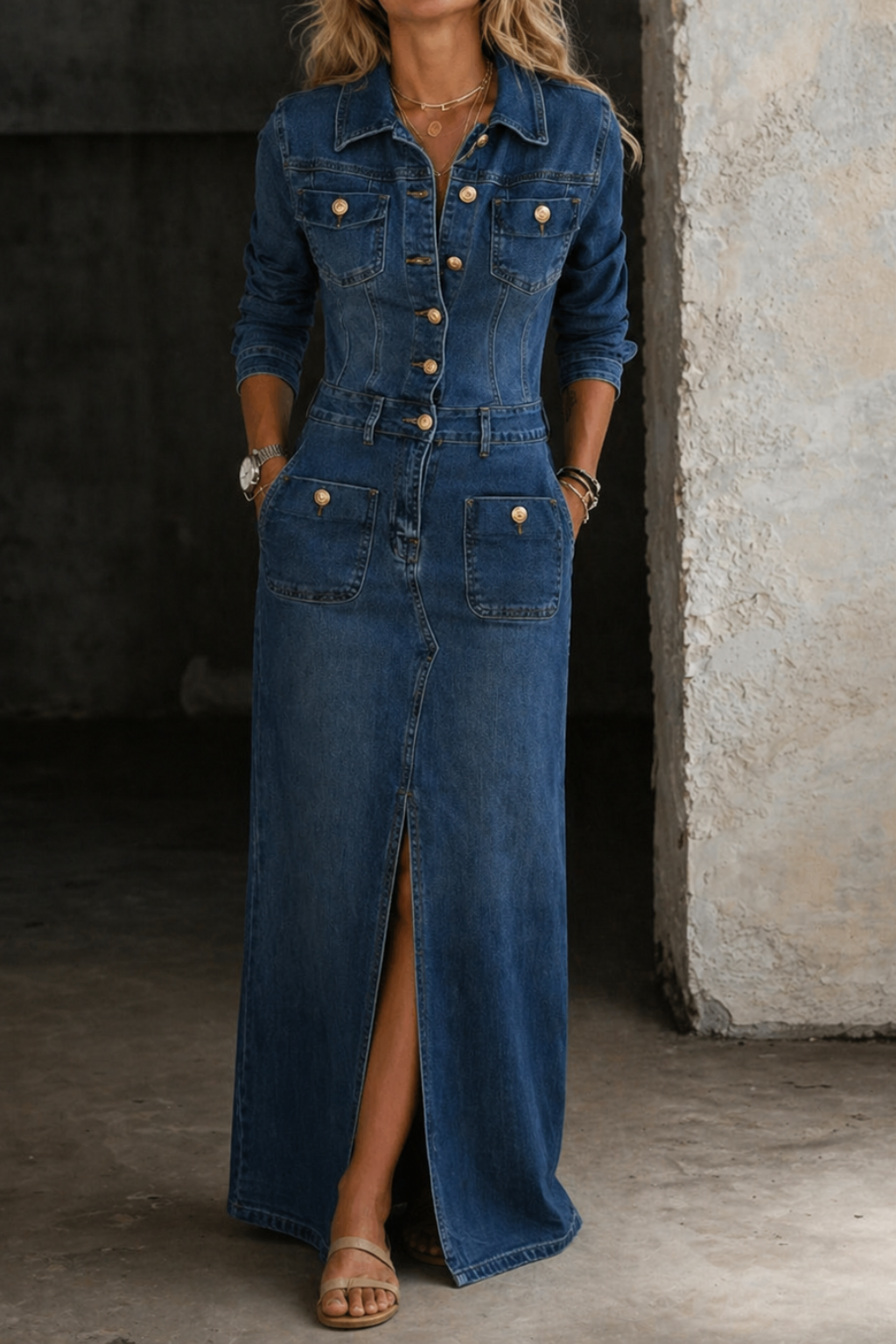 Leila klassisk denim-klänning – vy 8