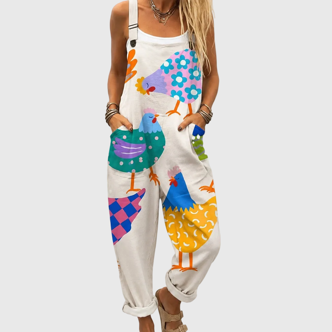 Weicher Jumpsuit mit buntem Hühnermuster