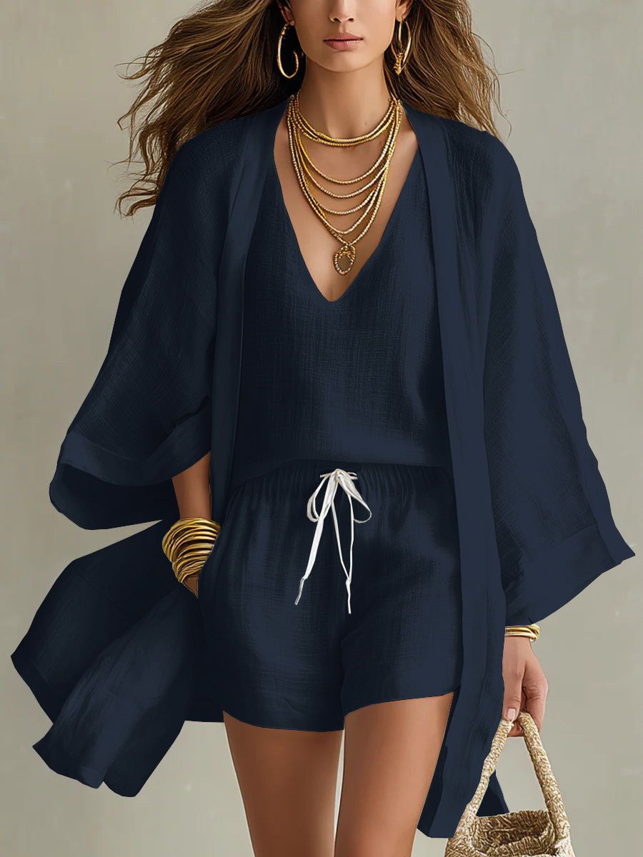 Camila | Dreiteiliges Set aus Polyester-Leinen mit Strickjacke und Shorts