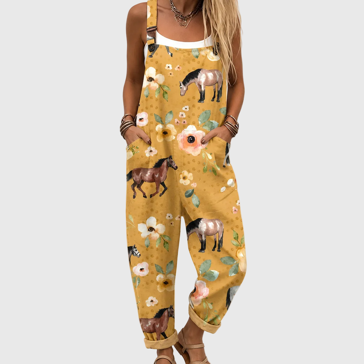 Weicher Jumpsuit mit Pferde- und Blumenmuster