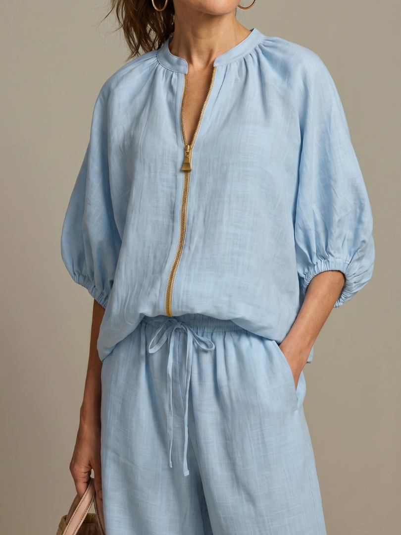 Natalia | Dragkedja framtill blusig topp set med vida ben