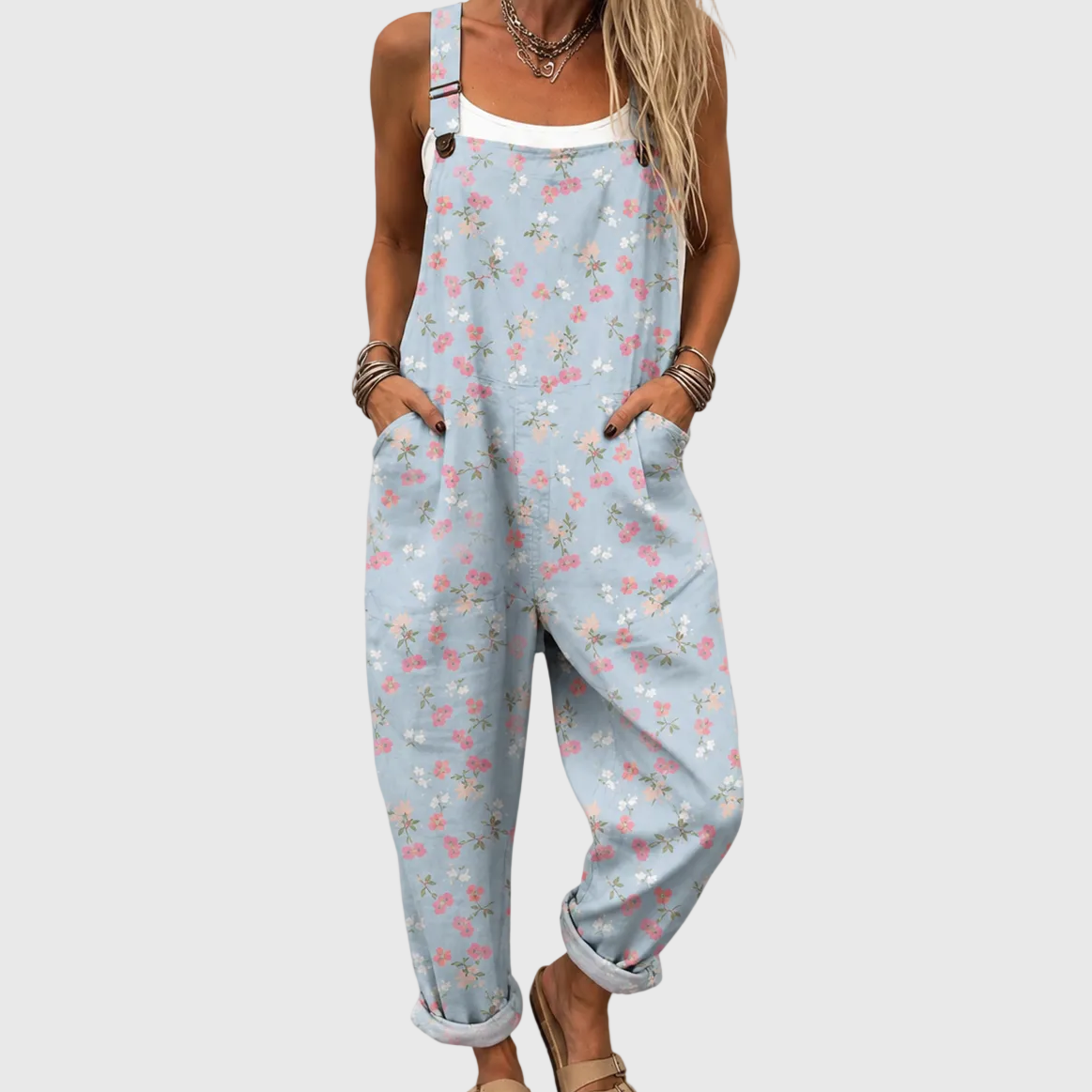 Weicher blauer Jumpsuit mit Blumenmuster