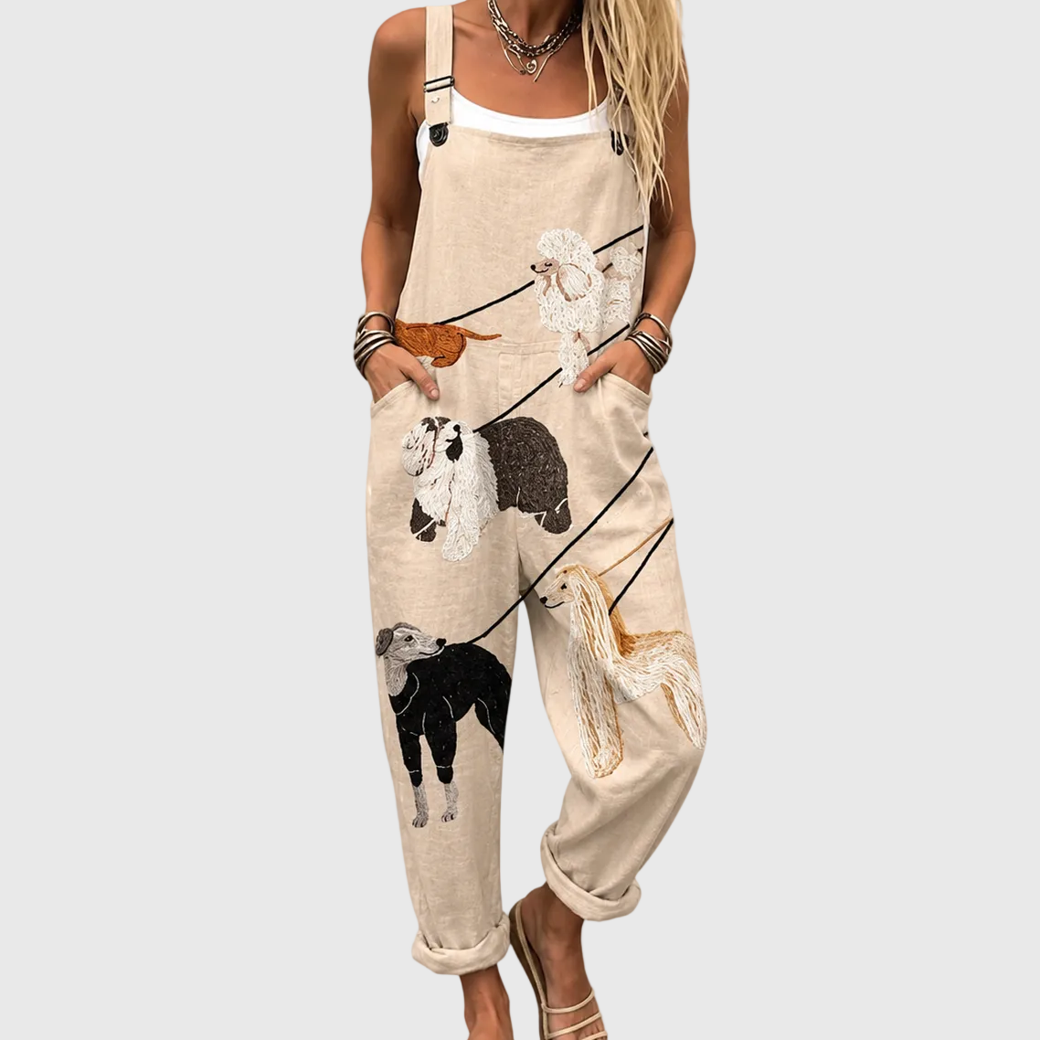 Entspannte Latzhose mit elegantem Hunde-Muster