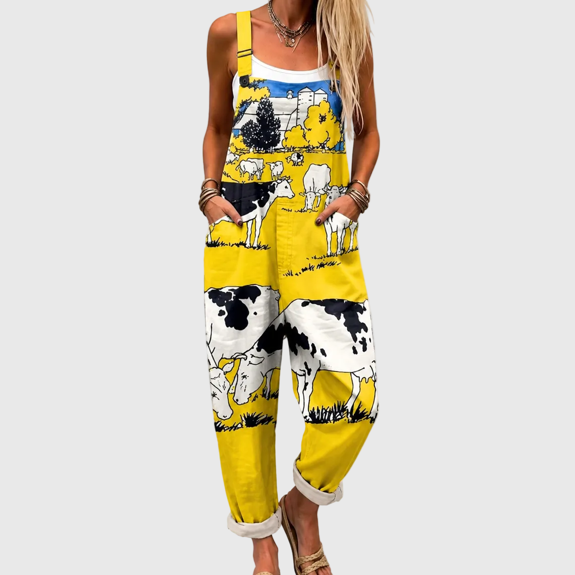Weicher gelber Jumpsuit mit Country-Muster