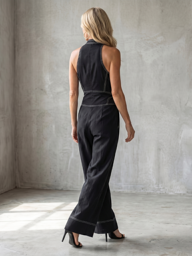 Dara | Dragkedja framtill kontrastsöm jumpsuit med vida ben