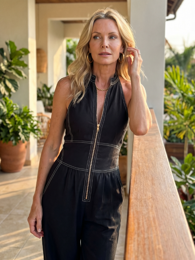 Dara | Dragkedja framtill kontrastsöm jumpsuit med vida ben