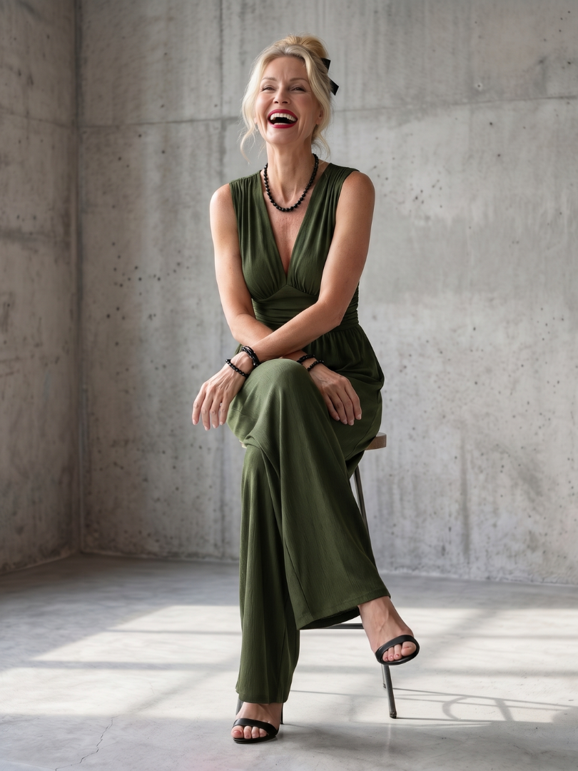 Vincenza | Djup v-ringning midjemarkering jumpsuit med vida ben