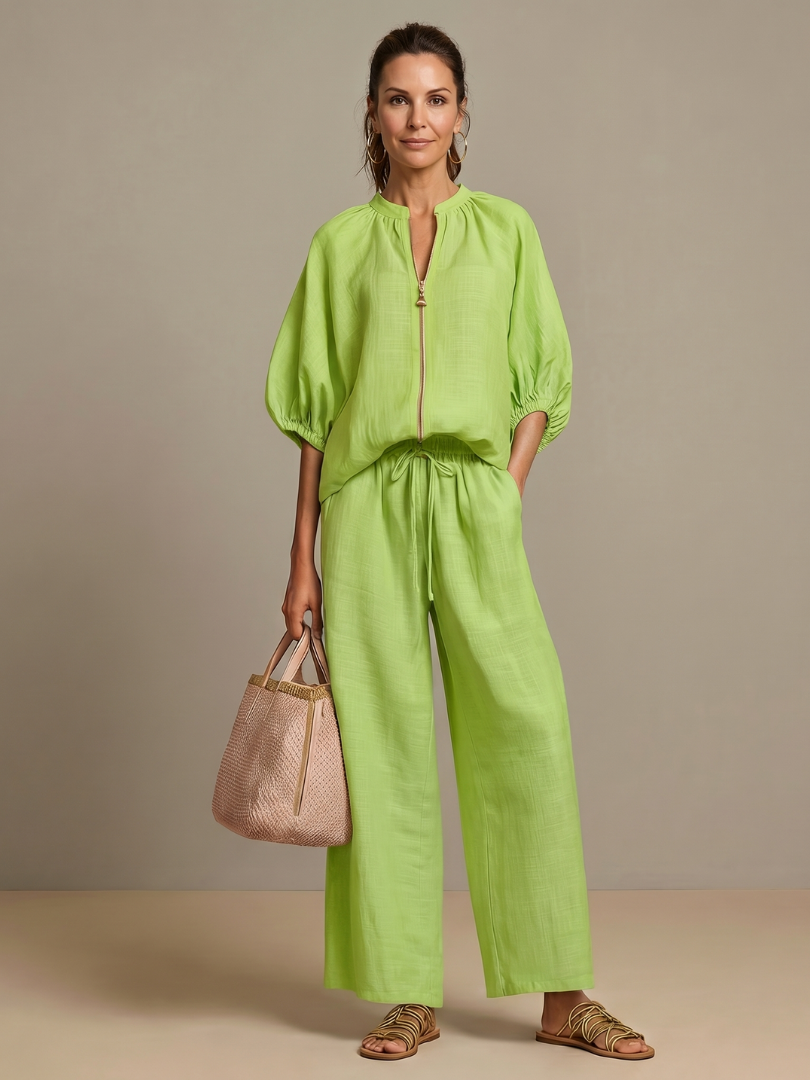 Natalia | Dragkedja framtill blusig topp set med vida ben