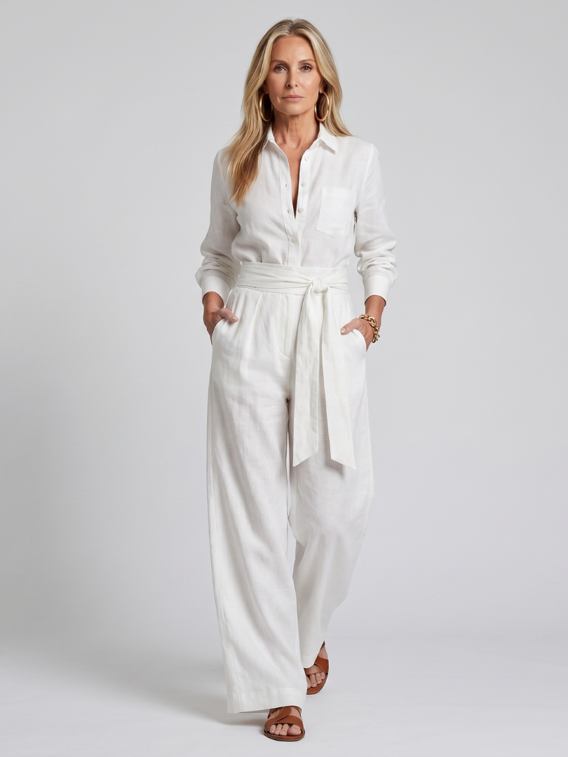 Jovie | Långärmad knäppning framtill jumpsuit med vida ben
