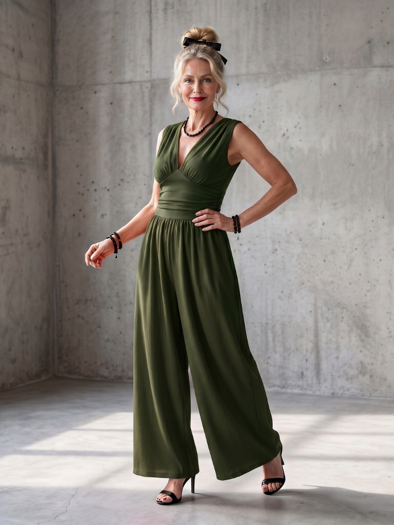 Vincenza | Djup v-ringning midjemarkering jumpsuit med vida ben