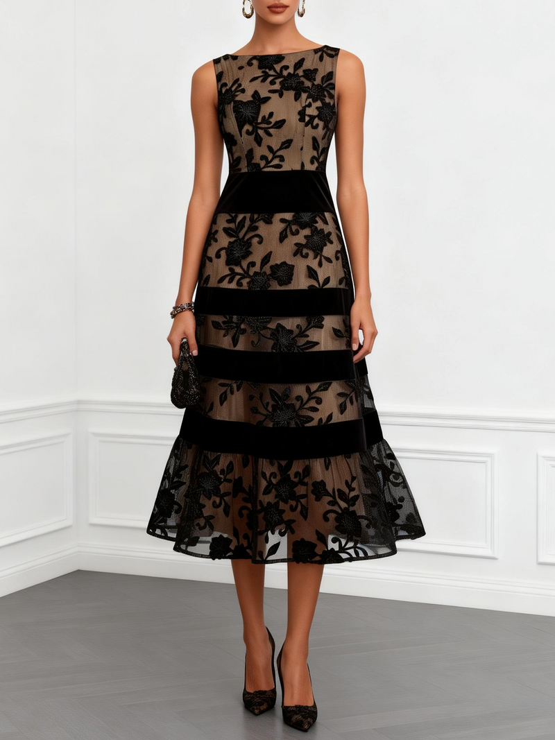 Schwarzes ärmelloses A-Linien-Midikleid mit floralem Mesh