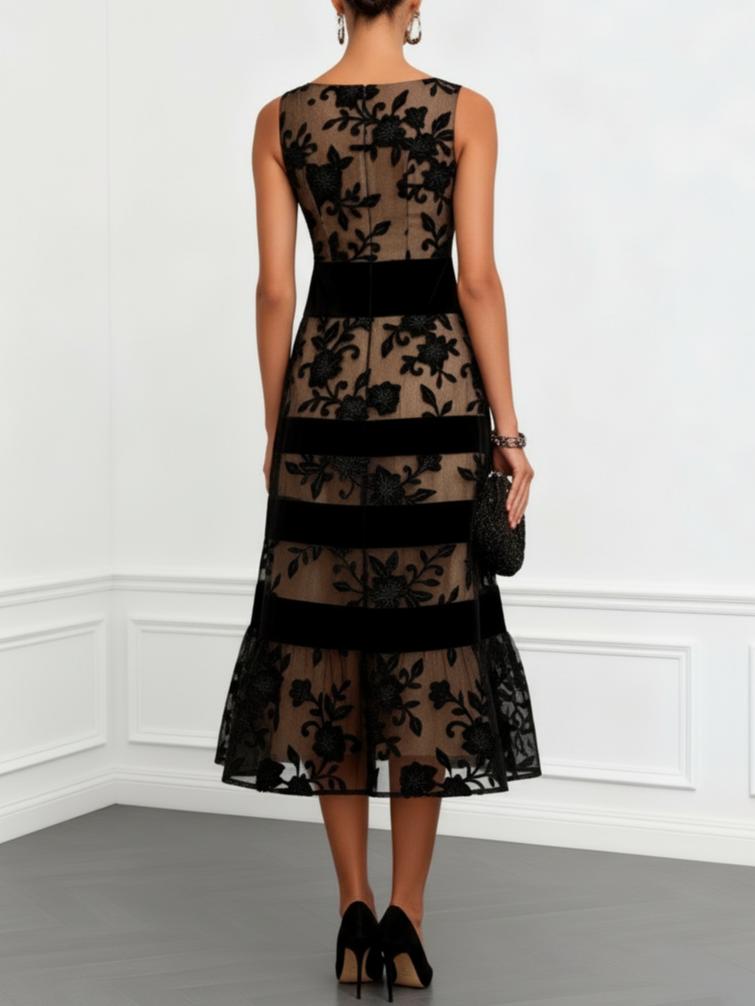 Schwarzes ärmelloses A-Linien-Midikleid mit floralem Mesh