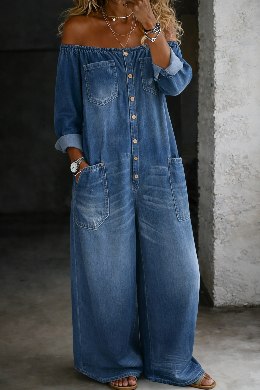Elena denim-jumpsuit med off-shoulder – vy 2