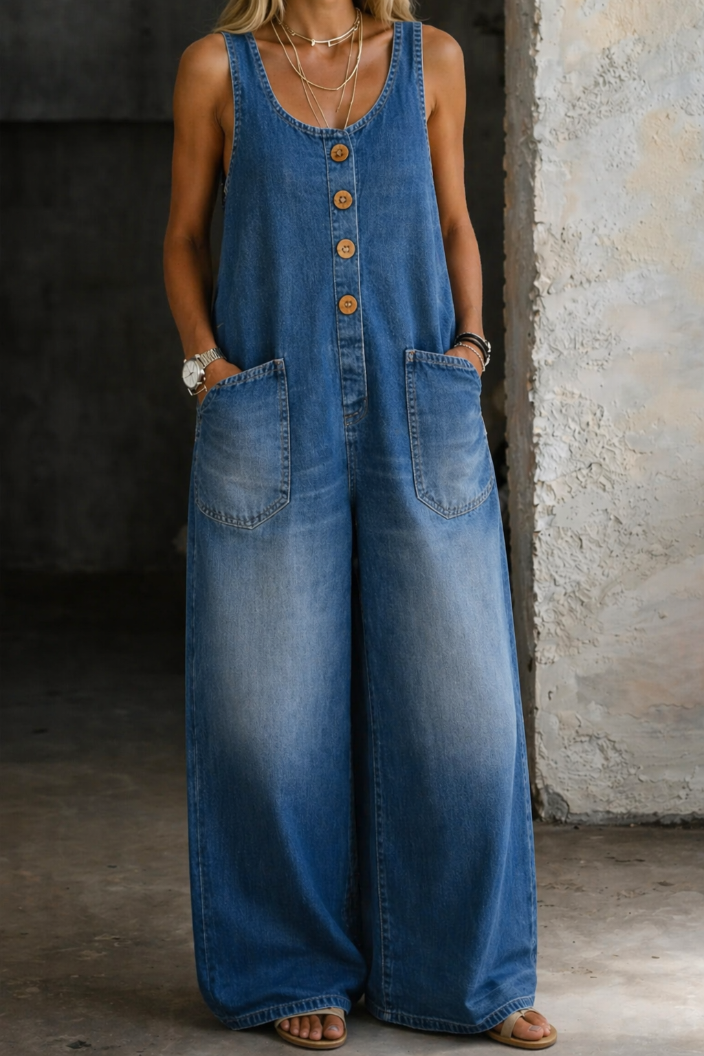 Saylor vintage-tvättade denim-hängslebyxor – vy 8