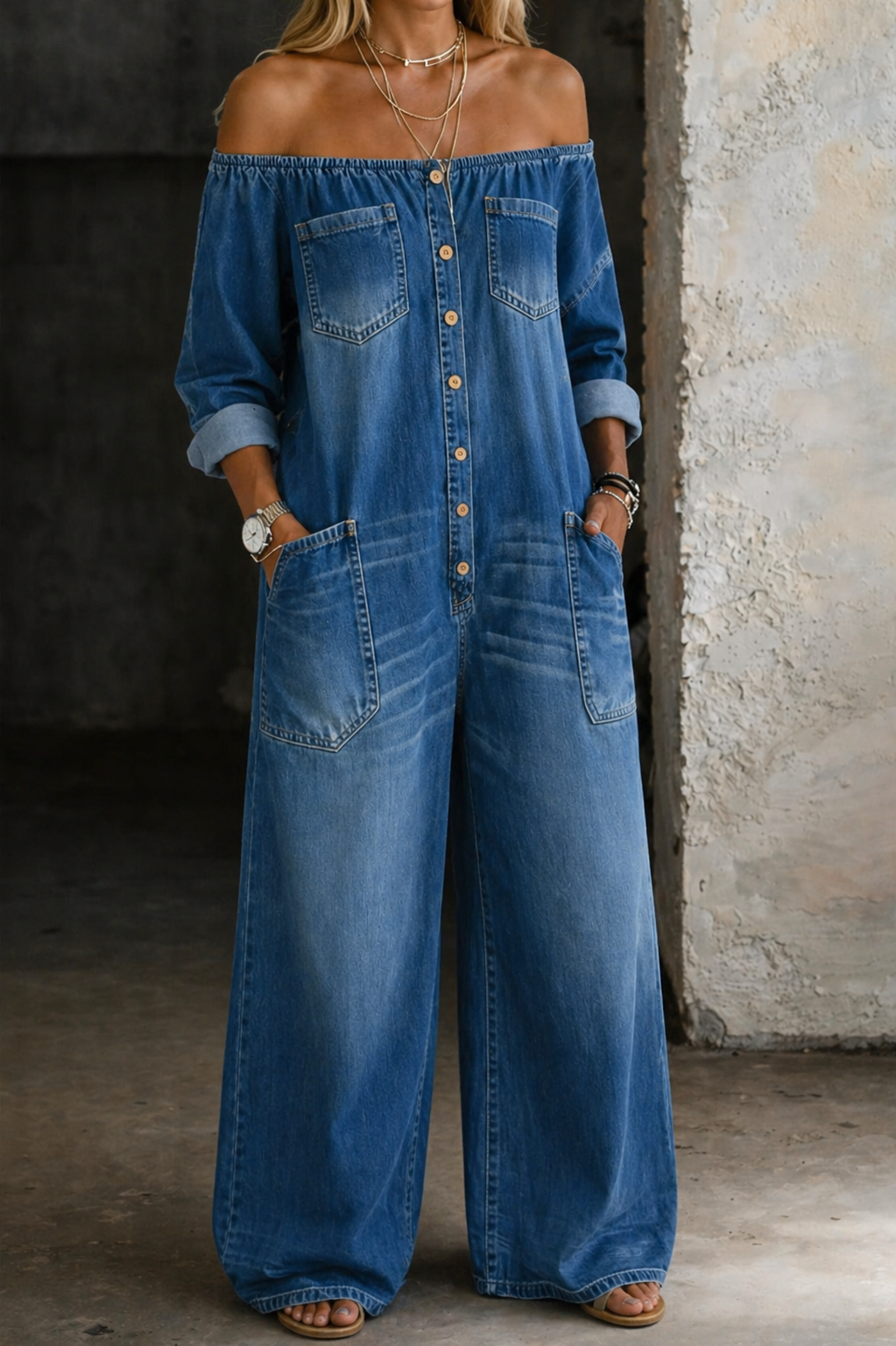 Elena denim-jumpsuit med off-shoulder – vy 8