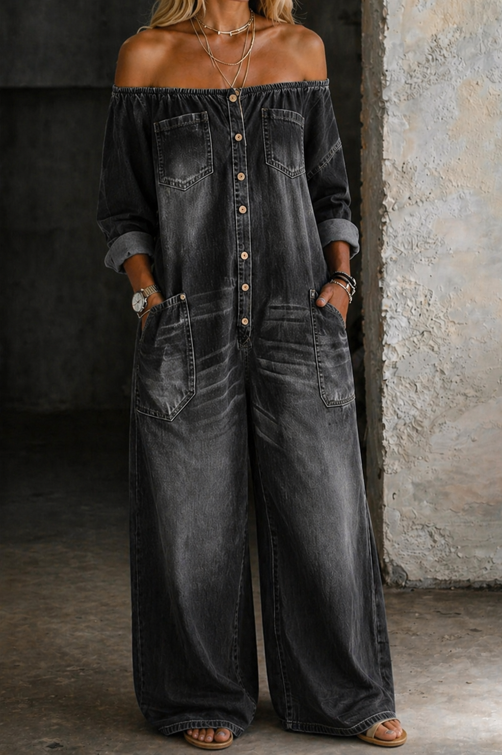 Elena denim-jumpsuit med off-shoulder – vy 13