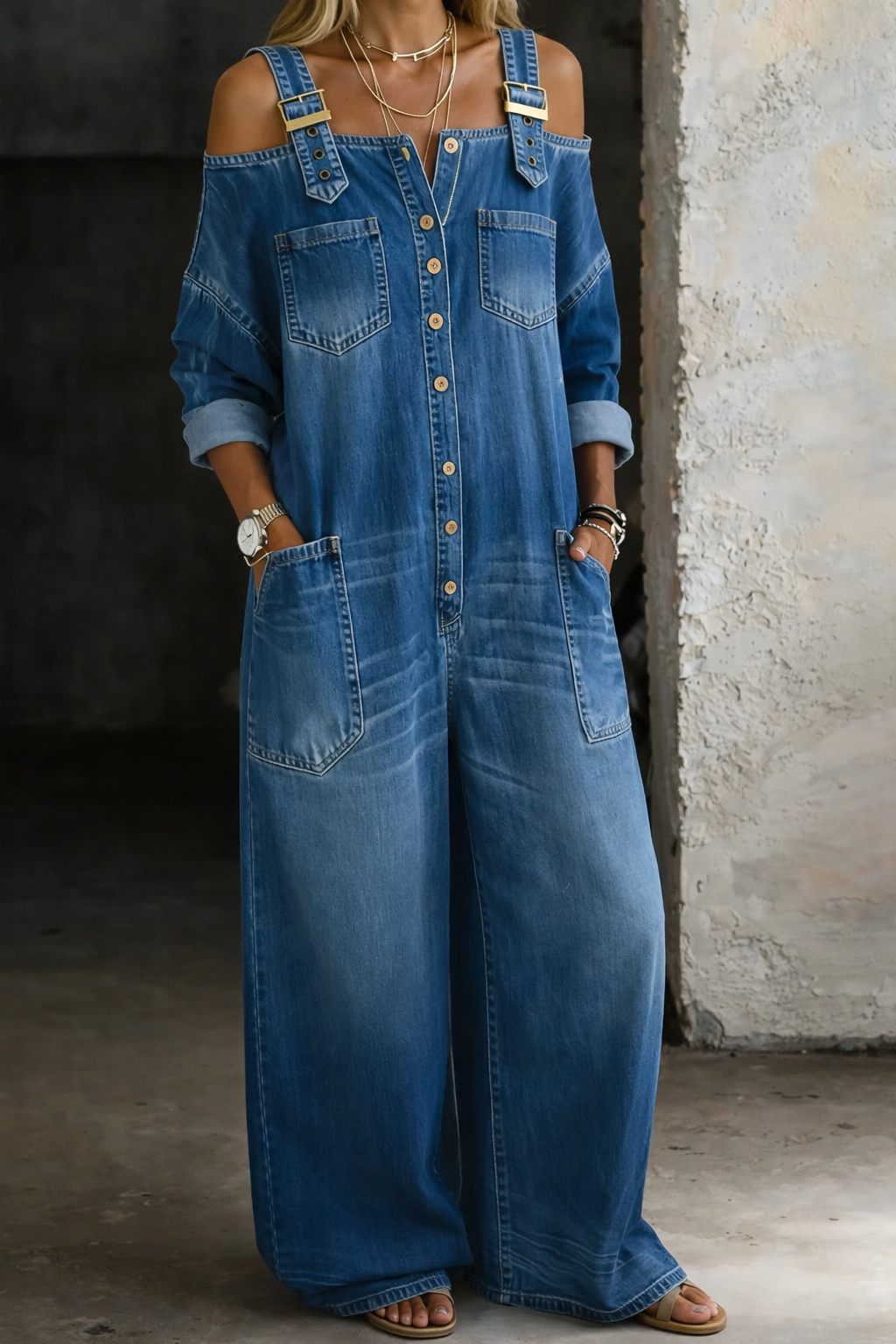 Sophia denim-jumpsuit med off-shoulder-halsringning – vy 9
