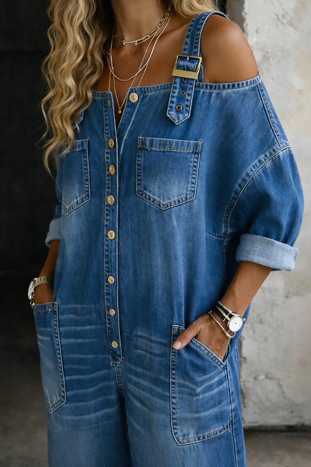 Sophia denim-jumpsuit med off-shoulder-halsringning – vy 2